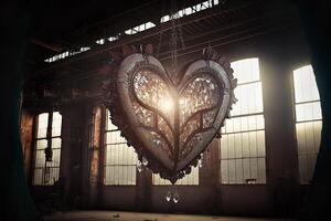 bruten järn och glas hjärta formad produkt hängande i fabrik väntar för reparera - generativ ai. foto