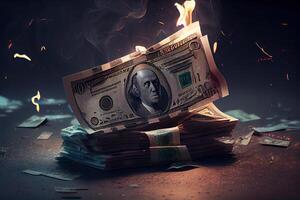 inflation eller brinnande pengar begrepp med dollar räkningen på brand. generativ ai. foto