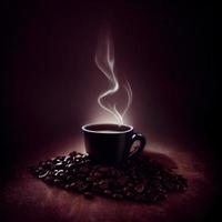en svart kaffe kopp med ånga stigande från den i en mörk bakgrund med låg ljus, skapas med generativ ai teknologi foto