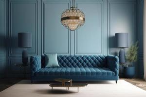 en blå soffa i en levande rum med en blå vägg Bakom den ai foto