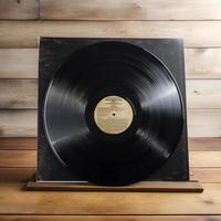 vinyl spela in på en trä- tabell. årgång vinyl spela in på en trä- bakgrund ai foto