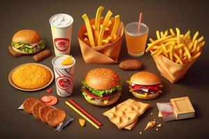 snabb mat uppsättning. hamburgare, ostburgare, cola, franska pommes frites, burger och hamburgare. ai foto