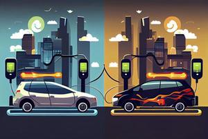 vektor illustration jämförande elektrisk mot bensin bil suv. elektrisk bil laddning på laddare station foto