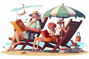 strand tid isolerat tecknad serie vektor illustration. familj medlemmar solbad på de strand foto
