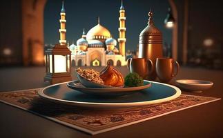 iftar tabell i de månad av ramadan, en resa full av olika sorter av utsökt saudi arab mat, de månad av ramadan, ramadan kareem, ramadan lykta, de bakgrund av de moskén. foto