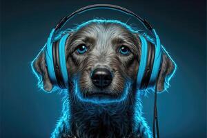 hund musik hörlurar blå tona. ai genererad foto