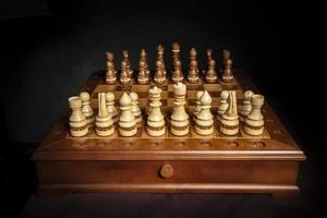 schack bitar av trä på en skön schackbräde. en pussel spel med knepig kombinationer den där kräver planera och tänkande. foto