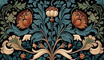 generativ ai, blommig färgrik mönster. william morris inspirerad naturlig växter och blommor bakgrund, årgång illustration. folk stil foto