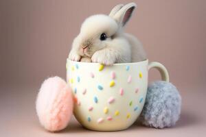 förtjusande kanin i kopp och fluffig pom pom dekoration. generativ ai. foto
