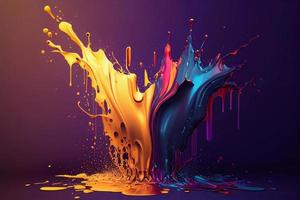 abstrakt färgrik lutning vätska stänk av bläck 3d illustration. ljus dynamisk flytande på lila bakgrund foto