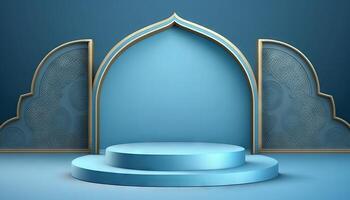 blå mjuk pastell podium islamic bakgrund. Ramadhan prydnad på blå mjuk matta bakgrund. generativ ai foto