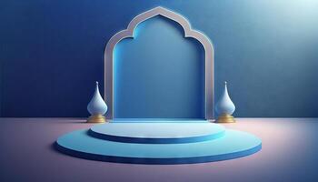 blå mjuk pastell podium islamic bakgrund. Ramadhan prydnad på blå mjuk matta bakgrund. generativ ai foto