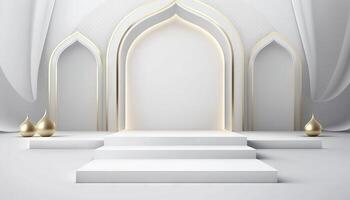 vit mjuk pastell podium islamic bakgrund. Ramadhan prydnad på vit mjuk matta bakgrund. generativ ai foto