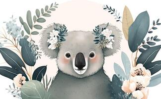 ai genererad koala ansikte tecknad serie med blommig och eukalyptus. foto
