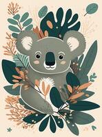 ai genererad koala ansikte tecknad serie med blommig och eukalyptus. foto