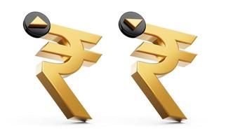 3d guld skinande indisk rupee symbol, öka minska ikon på vit bakgrund, 3d illustration foto