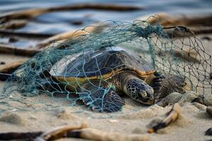 sköldpadda instängd i plast sopor liggande på de strand. de begrepp av ett ekologisk katastrof orsakade förbi plast sopor. ai genererad foto