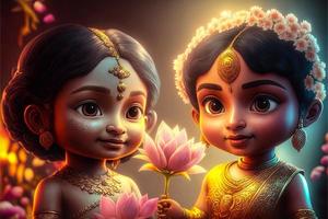 Gud laxmi och sarswati två systrar begrepp med lotus stor hårstrån färgrik foto