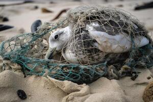 fågel, fiskmås instängd i plast sopor liggande på de strand. de begrepp av ett ekologisk katastrof orsakade förbi plast sopor. ai genererad foto