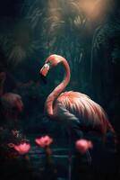 en skön exotisk fågel, en långhalsad rosa flamingo stående stolt i de vatten mot en mörk bakgrund med en blad mönster. ai genererad foto