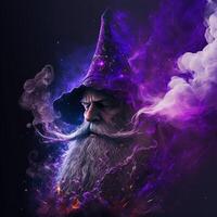 illustration trollkarl med en magi hatt och lila rök tillverkad med generativ ai foto