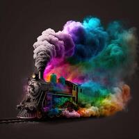 illustration en ånga lokomotiv med färgrik regnbåge rök tillverkad med generativ ai foto