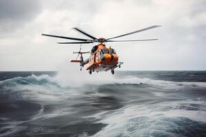 Sök och rädda drift i hav. nödsituation rädda helikopter flugor över hav yta, ser för offer efter krascha. skapas med generativ ai foto