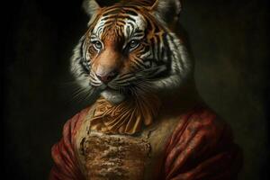 porträtt av tiger i en victorian klänning. ai genererad foto