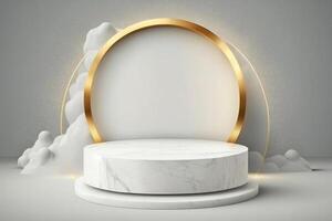 vit och gyllene produkt presentation mock-up. marmor podium med kopia Plats. skede, visa, showroom. tömma scen. generativ ai. foto