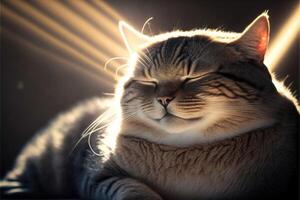 ai genererad en katt Sammanträde i en solstråle med dess ögon stängd. foto