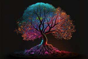 ai genererad bördig träd upplyst med färgrik neon lampor foto
