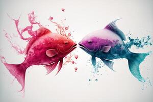 två fiskar är kyssar. skön vattenfärg effekt. hjärtans dag, kärlek. par, relation. vykort, hälsning kort design. generativ ai. foto