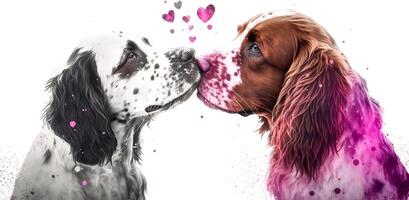 två hundar är kyssar. vattenfärg effekt. hjärtans dag, kärlek. par, relation. vykort, hälsning kort design. generativ ai. foto
