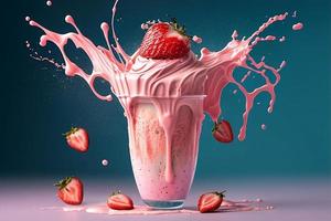 en glas av jordgubb milkshake med en stänk av jordgubb på de topp. foto