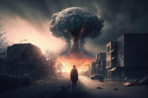 en man står i främre av en kärn explosion och klockor detta skådespel, de apokalyps och de kärn svamp från de explosion. generativ ai, foto