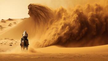 damm storm i de sand sanddyner, en man sitter på de tillbaka av en kamel med en vit cape på hans huvud, foto