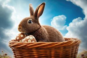 symboler av påsk högtider, en hare sitter i en korg mot de himmel, påsk ägg är nära de korg, generativ ai. foto