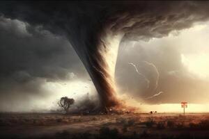 en stor tornado i de fält, en stor naturlig katastrof i de värld, generativ ai. foto