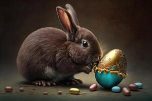 en kanin på en svart bakgrund sitter nära choklad påsk ägg, ett aning för en hälsning påsk kort, generativ ai. foto