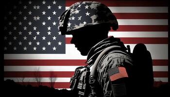 amerikan flagga och soldat, minnesmärke dag - ai genererad foto