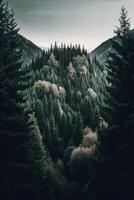 tyliserad vertikal panorama av skog i de franska alperna. illustration ai generativ foto