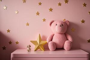 rosa vägg med guld stjärnor klistermärken och teddy Björn i de interiör. illustration ai generativ foto