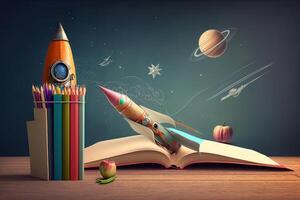 böcker och pennor med raket skiss. illustration ai generativ foto