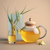 glas tekanna och kopp som innehåller citrongräs och ingefära te. illustration ai generativ foto