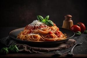 utsökt aptitretande klassisk italiensk spaghetti pasta. illustration ai generativ foto