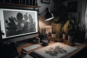 beatnik konstnär arbetsyta växter och duk dokumentär. illustration ai generativ foto