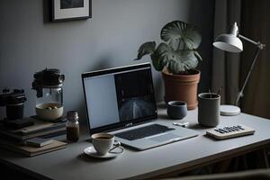 kreativ och minimalistisk Hem kontor skrivbord. enkel arbetsyta. illustration ai generativ foto