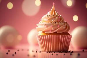 födelsedag muffin på rosa. illustration ai generativ foto