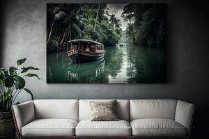 båt flyter på de flod i tropisk skog. illustration ai generativ foto