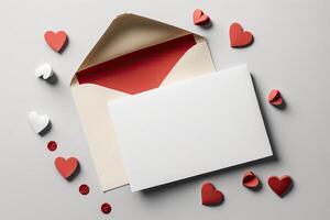 valentine dag kort attrapp med hjärtan och röd kuvert. illustration ai generativ foto